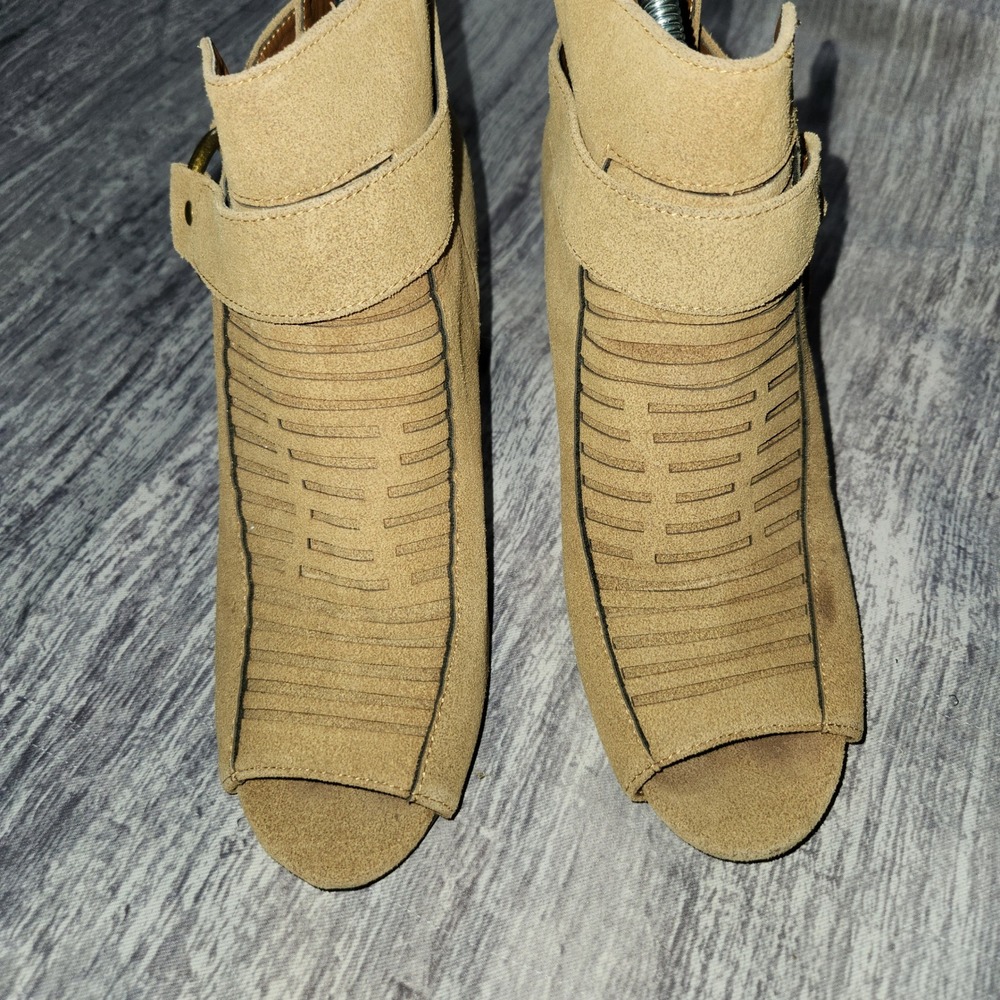 Wedge Heel Booties Open Toe Faux Suede Ankle Boots Tan Wide Width 9W Gold Accent - Picture 3 of 14